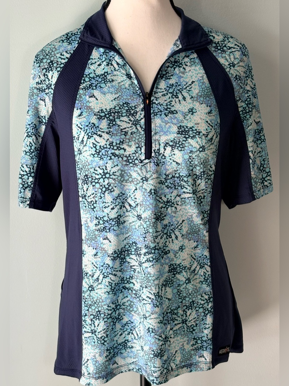Kerrits Teal Aqua Floral Short Sleeve Riding Top with Navy Panels with Pockets